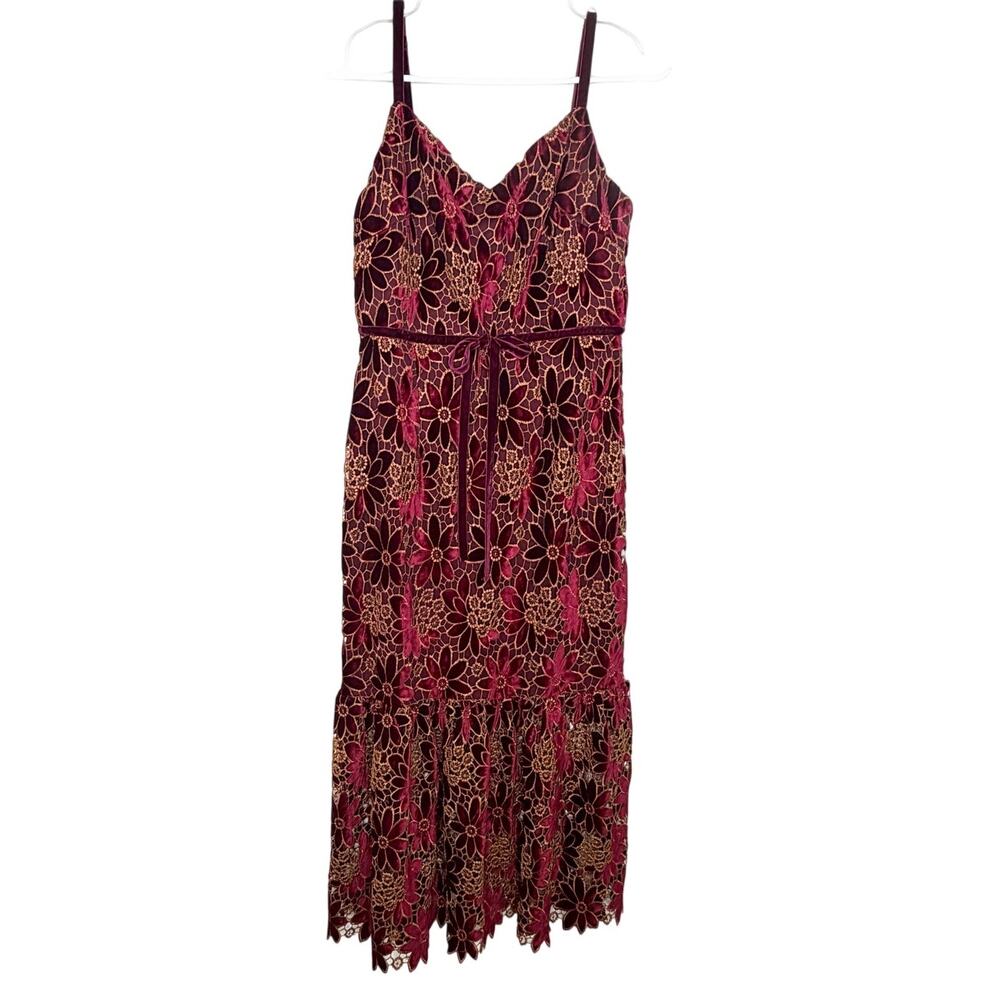 Just Me Velvet Floral Midi Dress Sz S Burgundy Gold Lace Formal Festive Chic NWT